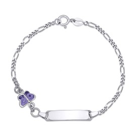 Sterling Silver 925 ID Bracelet Girls Pink Butterfly Figaro Chain Enamel 6.5" Italy