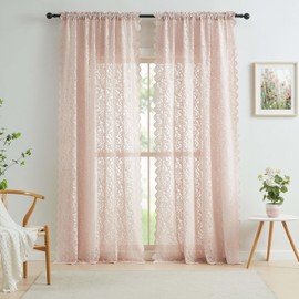 Bujasso Pink Sheer Lace Curtains 54 inch Victorian Short Curtain Panels for Kitchen Living Room Bedroom Elegant Light Filtering Pink Drapes Window Treatment Sets Rod Pocket 2 Panels 54" Wx54 L