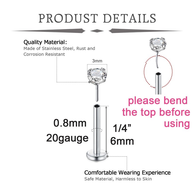 QWALIT Silver Nose Stud 20g Threadless Nose Stud 20 Gauge