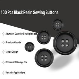 100 Pcs Black Resin Sewing Buttons, 5 Sizes 4-Hole Buttons for Clothing, Crafts, DIY Projects, Sewing Supplies Kit