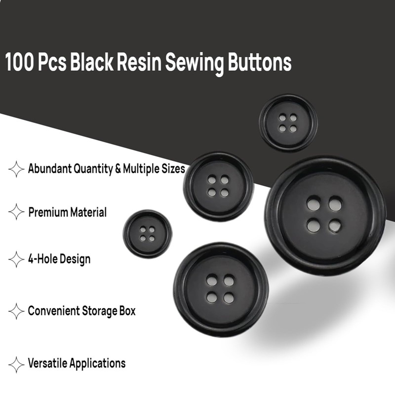 100 Pcs Black Resin Sewing Buttons, 5 Sizes 4-Hole Buttons