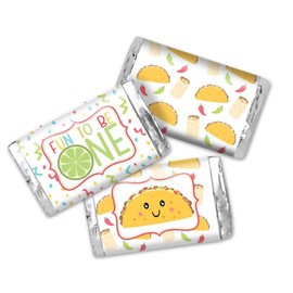 Taco 'Bout Fun First Birthday Fiesta Party Mini Chocolate Candy Bar Sticker Wrappers, 45 1.4" x 2.6" Wrap Around Labels by AmandaCreation, Great for Party Favors