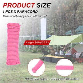 MECCANIXITY 3/8 Inch 90 Feet Polypropylene Rope,Solid Braided Utility Rope All Purpose Boat Marine Cord for Camping,Flag Pole,Clothesline,Outdoor,Pink