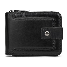 newsbirds Genuine Leather Zipper Wallet for Men, RFID Blocking Mens Wallet with Coin Pocket ID Window Zipper Wallets Large Capacity, Black