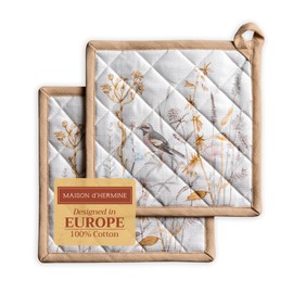 Maison d' Hermine Hot Pads Set of 2 Pot Holders, Made of 100% Cotton with Bow (20 cm x 20 cm), Pot Holders, Heat-Resistant for Mother's Day Gifts, Barbecues, Meadow Florals, Beige, Spring/Summer