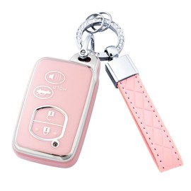 Flensent Key Fob Cover with Keychain for Toyota Camry Avalon Corolla Highlander Prius RAV4 Venza (Pink)
