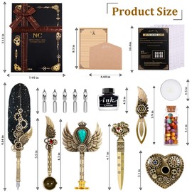 NC Quill Pen and Ink Set, Feather Pen Ink Set, Wax Seal Stamp Set, Feather Calligraphy Pen Set, Valentine’s Day Gift for Writing Lovers Birthday Gift, Holiday Ideal Gift (Black)