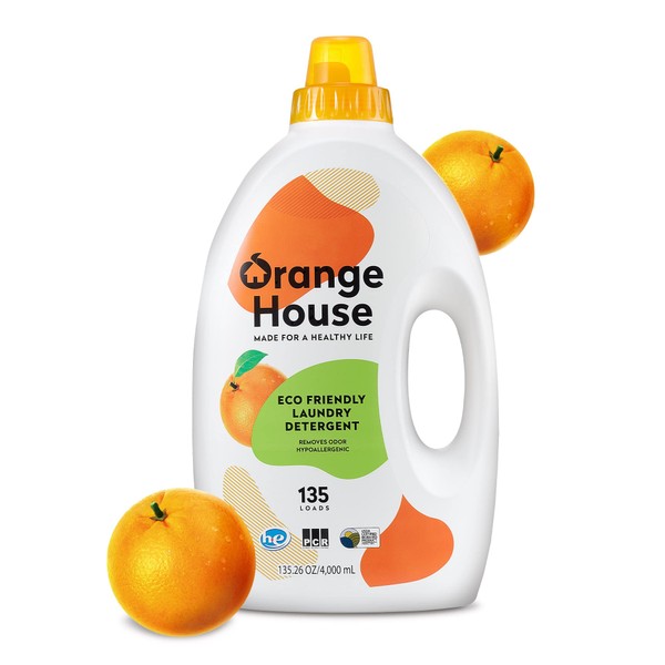 Orange House Liquid Laundry Detergent, Free and Clear, Natural Clean Laundry Detergent, Made of Orange Oil, Hypoallergenic Liquid Detergent No Harmful Chemical, 135.3 Fl Oz, HE & Standard Machine