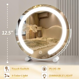 ROLOVE Vanity Mirror with Lights, 12 Inch Light Up Makeup Mirror, LED Makeup Mirror with Lights for Bedroom Tabletop, Smart Touch Control 3 Colors Dimmable, 360° Rotation, White