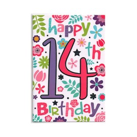 Happy 14th Birthday Card for Girl - Flowers Silver Foil Fun Colourful