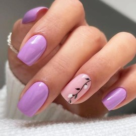 BAOYAALIN Press on Nails Short Medium Square Light Purple Fake Nails with Exquisite Vine Design Artificial Acrylic False Press ons Full Cover Stick on Nail for Women Girls Daily Wear Wedding 24Pcs