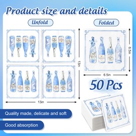 FYSUIMU 50Pcs Blue Wine Bottle Paper Napkins Watercolor Champagne Disposable Luncheon Napkins Dinner Hand Napkins for Party Supplies Table Decor