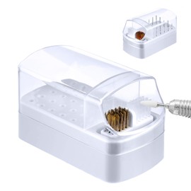 Andibro Nail Drill Holder, 2-in-1 Nail Drill Storage Box, Removable Cleaning Brush, 30 Slots, Plastic Clear Case, Nail Art Drill Bits Stand for Beauty Salon and Household (White)