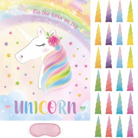 WERNNSAI Pin The Horn on The Unicorn Party Games - Unicorn Themed Party Supplies for Kids Girls 21’’ x 28’’ Unicorn Poster with 24 Pcs Stickers for Birthday Baby Shower Summer Party Activities