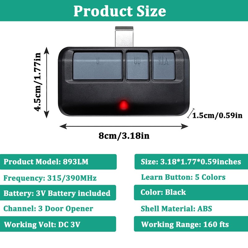 Universal Garage Door Opener Remote with Visor Clip, Works for