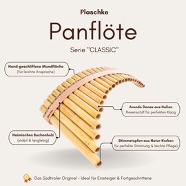 Plaschke Pan Flute 12 Pipes in C Major - The Ideal Set for Beginners Including Pan Flute School - Handmade from South Tyrol - Made of High-Quality Reeds