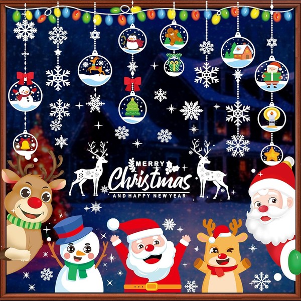 SIXRARI Christmas Stickers, Set of 11, Electrostatic Stickers, Wall Stickers, Window Stickers, Removable Snowflakes, Santa Claus, Snowman, Reindeer, Window Treatments, Wall Decoration, Room Decor,