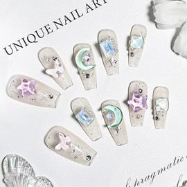 JODSONE Press on Nails Blue and Purple Star Rhinestone Square Fake Nail Tips Finger Manicure for Women and Girls - Medium