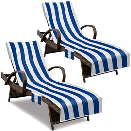 Beach Chair Cover (1Pc), Lounge Chair Covers with Side Pockets 85 x 30,Thick and Quick Dry Lounge Chair Towel Cover for Sun Lounger, Pool Beach Garden Outdoor Tanning Chair Cover, Dark Blue Stripe