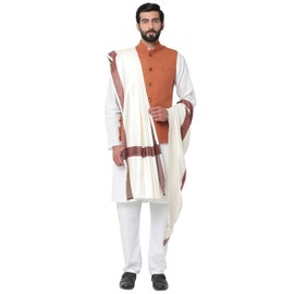 Weavers Villa Men's Woven Border White Woollen Lohi/Shawl White Large-MS-987-WHITE