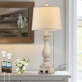 MOUVOVO 28" Tall Farmhouse Table Lamps with USB C+A Ports and AC Outlet, 3 Way Touch Control Rustic Bedside Lamps for Bedroom, Beige Vintage Nightstand Lamps for Living Room Office