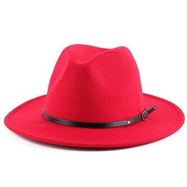 Upstore Women Classic Wool Fedora Hat with Belt Buckle Felt Wide Brim Panama Hat (Red)