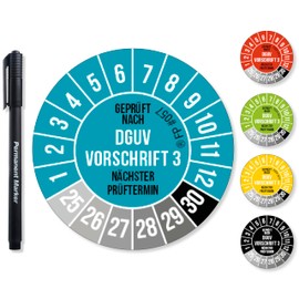 Frank Paperman DGUV V3 Test Badges Including Foil Pen, Test Badges Next Test Date, UV-Resistant, High Adhesion, 5 Colours, 2 Sizes (120, Blue, 20 mm)