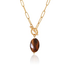 TaYolnFaSo Oval Tiger Eye Pendant Paperclip Chain Necklace for Women 18k Gold Plated Paperclip Toggle Necklace Natural Tiger Eye Jewelry Women Gift Birthday Graduation