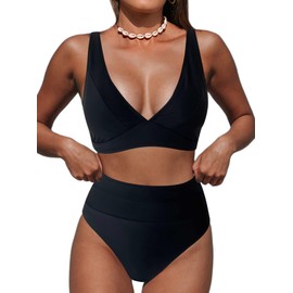 Hilinker - Traje de baño de bikini de leopardo para mujer, cuello en V, cintura alta, 2 piezas, Todo negro, X-Large