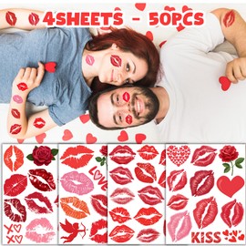 50 Pieces Valentines Lip Temporary Tattoos, Red Pink Lip Print Kiss Face Tattoo Stickers Body Decorations for Girls Kids
