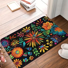 YWZDS Mexican Floral Kitchen Rugs Set of 2, Colorful Kitchen Mats with Rubber Backing Non Slip Washable, Cinco De Mayo Gift, 17" x 29 + 17" x 47" (Black)