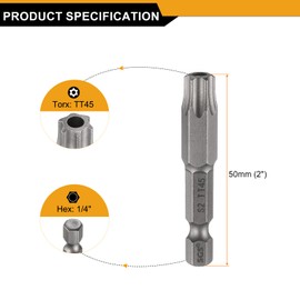 sourcing map 3pcs TT45 Security Torx Head Screwdriver Bit 2" (50mm) Long 1/4" Hex Shank Magnetic Tamper Proof 6 Point Star Screw Driver Drill Bits S2 Steel Hole Tip Industrial Power Tools