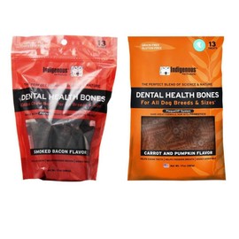 Indigenous Grain Free Dental Health Bones 2 Flavor Variety Bundle: (1) Smoked Bacon Flavor, and (1) Carrot & Pumpkin Flavor, 17 Oz. Ea.