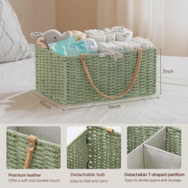 HBlife Large Baby Diaper Caddy Organizer Green, Paper Rope Storage Baskets Nursery Bin with Removable Divider, Portable Car Organizer for Diapers, Baby Shower Gifts, Newborn Essentials Must Haves