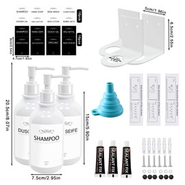 Roselee Soap Dispenser Wall Mounting Set, Soap Dispenser Shower No Drilling 500 ml Soap Dispenser Wall Mounted White Shampoo Dispenser with Funnel and Waterproof Labels for Kitchen Bathroom