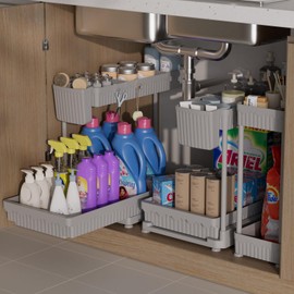 Sevenblue 3 Pack Multi-Purpose Under Sink Organizers and Storage, 2025 L-Shaped Pull Out Cabinet Organizer for Bathroom & Kitchen, Under Cabinet Organizer with Hooks Hanging Cup, Grey
