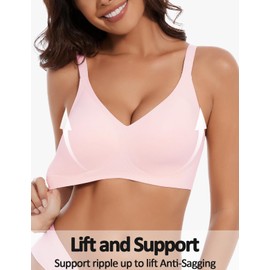 Vinfact Womens Comfortable Wireless T Shirt Bra No Underwire Seamless Full Coverage Bralettes Push Up Supportive Bras for Women, Pink, XL