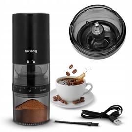 huslog Macinacaffè elettrico senza fili, 30 W, macina conica in ceramica, USB-C, batteria da 2000 mAh, grado di macinazione regolabile, contenitore per fagioli da 25 g, nero
