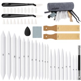 AGPTEK 48 Pieces Sketch Drawing Tools, 20 Blending Stumps Set with 2 Sandpaper Pencil Sharpeners, Pencil Extension, Erasers, 20 Sponge Replacement Heads & 1 Felt Bag for Sketch Drawing Accessories