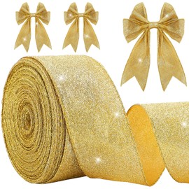 Jetec Christmas Glitte Wired Ribbon 2.5 x 50 Yards for Tree, Bows Making, Wreath Supplies, Gift Wrapping Garland, Home Decor, DIY Crafts(Gold)