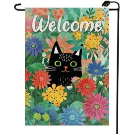 Spring Welcome Black Cat Garden Flag 12x18 Inch House Yard Lawn Daisy Pansy Flower Floral Summer Outside Decoration Seasonal Outdoor Decoration Flag CJ04