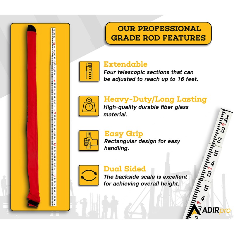 AdirPro 16-Foot Fiberglass Grade Rod – 10ths, 4-Section Telescoping Rectangular