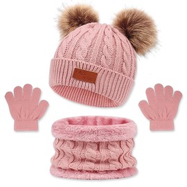 yotutun Children's Winter Hat Scarf Gloves Set, 3 in 1 Thermal Knit Hat Scarf Set Fleece Lining Baby Hat Winter Accessories Beanie Knitted Hat for Children Boys Girls 1-8 Years, pink