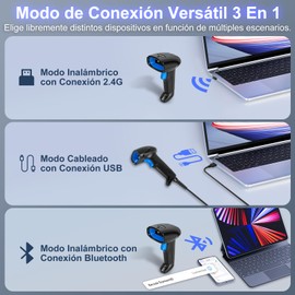 Escaner Codigo de Barras 3 en 1 - 2D 1D Lector Código de Barras Bluetooth Inalámbrico 2.4GHz - Scanner Código de Barras Láser Alámbrico para Supermercado/Biblioteca/Teléfono Android/iOS/PC/Windows/Mac