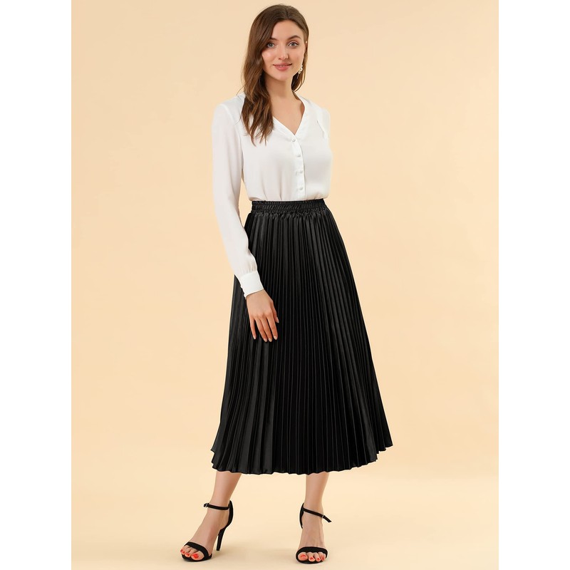 Allegra K Women's Pleated Midi Skirt Elastic Waist Metallic Shiny