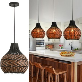 Teru Ji Kaikang 3-Pack Rattan Pendant Light 10.24" Hand-Woven Black Brown Fax Rattan Basket Chandelier Mini Boho Wicker Hanging Lamp for Dining Living Bedroom Kitchen Farmhouse