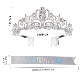 Leixi Birthday Girl Sash & Rhinestone Tiara Set,Birthday Sash and Tiara for Women Birthday Decoration Kit Rhinestone Headband for Girl Glitter Crystal Hair Accessories (Sliver)