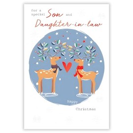 Son and Daughter-in-Law Christmas Card - Deer Couple and Love Heart - Contemporary Festive Design - Special Finishes and Illustrated Insert Leaf - Made in the UK - Eco-Friendly