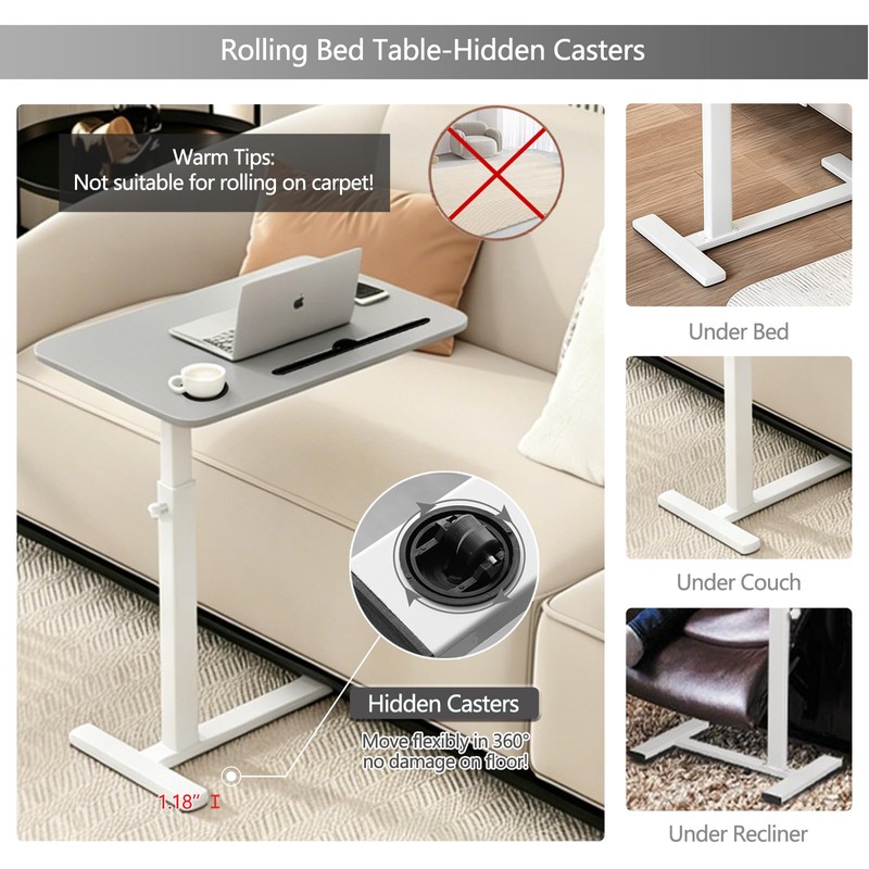 Over the Bed Table with Hidden Wheels,Height Adjustable Bedside Table