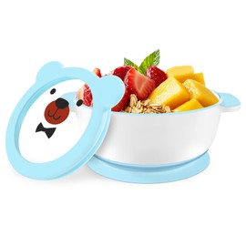 Mrs. Chou Ceramic Suction Bowl for Babies and Toddlers, Non-Slip Silicone Suction Cup, BPA-Free Lids, Independent feeding, First Stage Self Feeding Essential, Led Weaning Snack Feeder BLUE